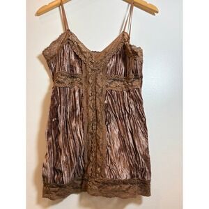 Scott Crushed Velvet Lace Cami Tank Top L Y2K Vintage-Style Slip Brown Coquette